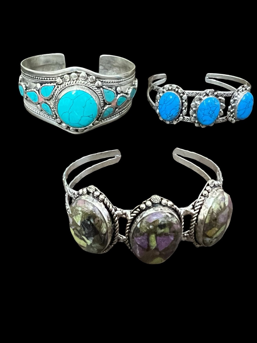 3 gemstone cuffs silver overlay